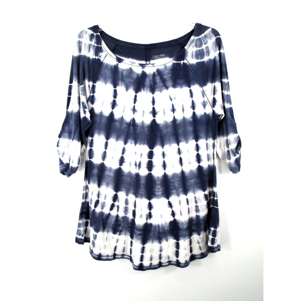 Calvin Klein Performance Women Blue Tie Dye Roll Tab Sleeve Tunic Top Medium